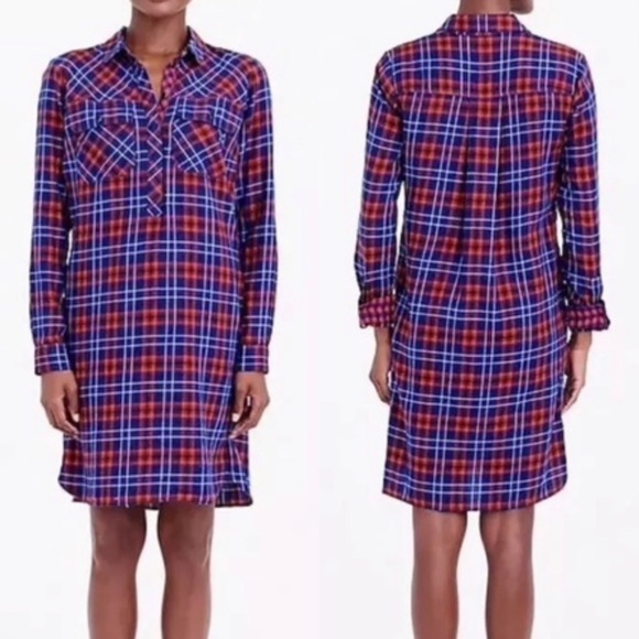 J.Crew Flannel Shirt Dress with‎ Pockets in Red & Blue Plaid, Size XS - Picture 1 of 14